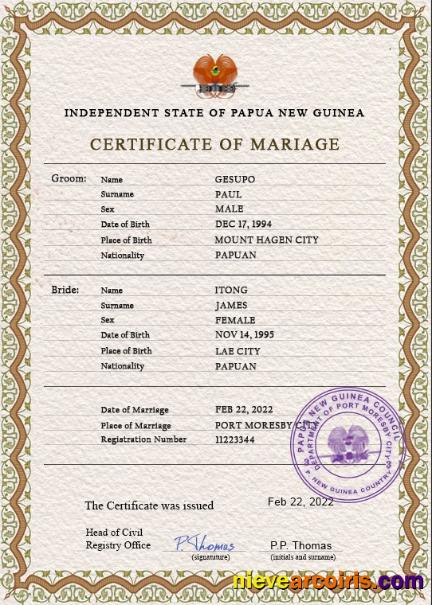 Papua New Guinea marriage certificate